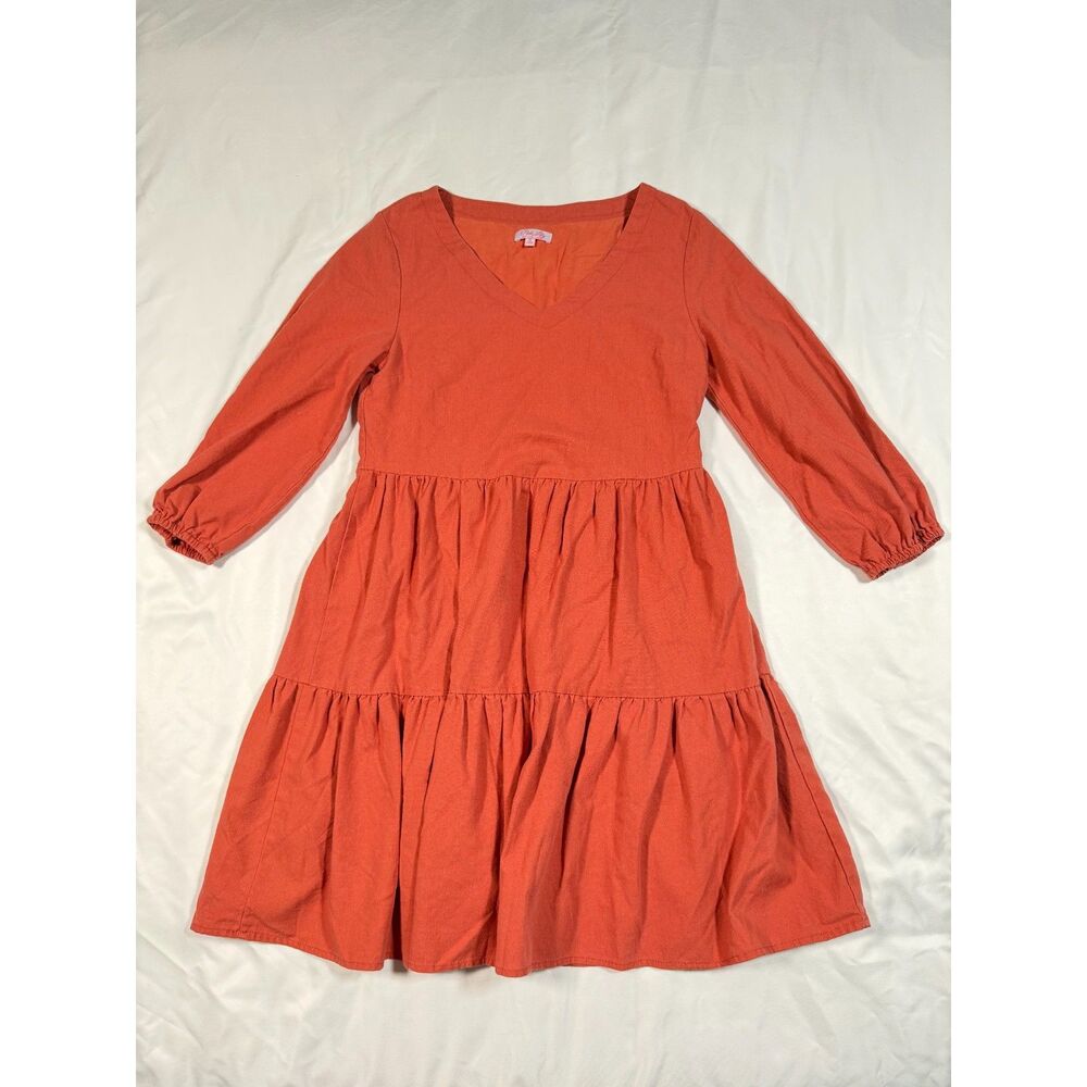 Pink Lily Rust Orange Linen Blend Tiered Babydoll Mini Dress Size S V-Neck